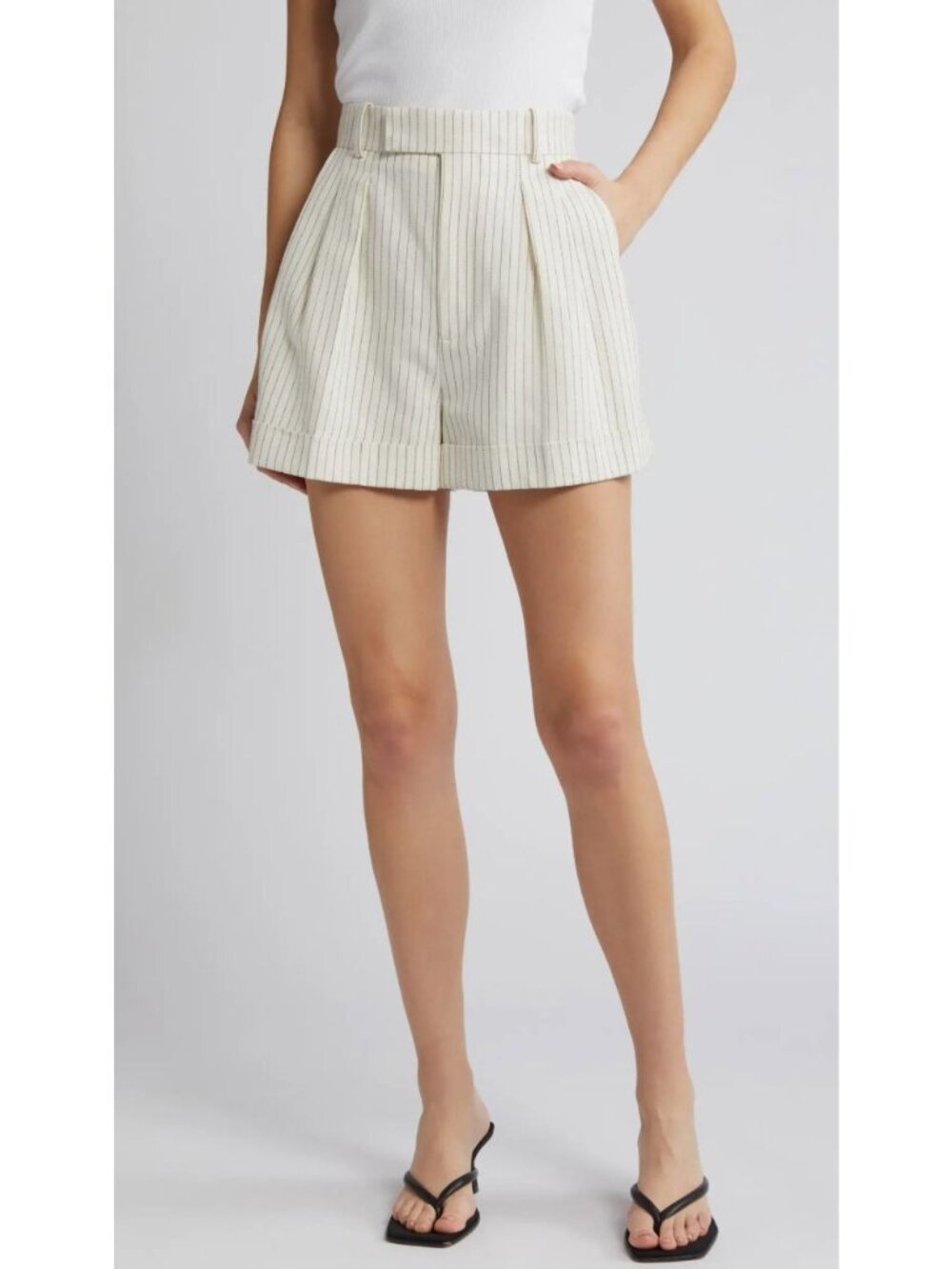 NWT Frame Pleated Wide Cuff Shorts High Rise Cream Striped Size US 6 [jb]
